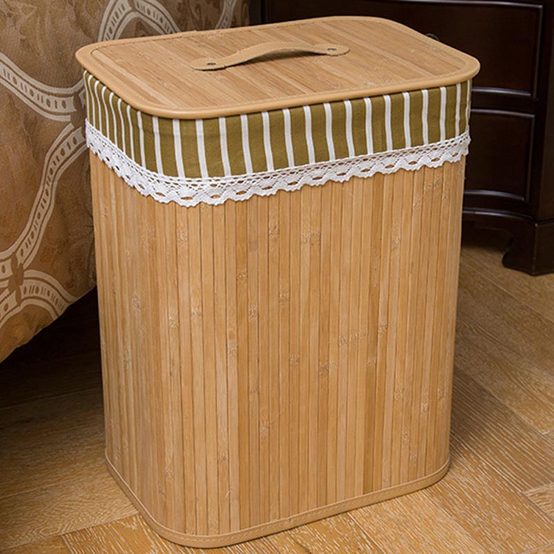 Folding Bamboo Storage Basket Large Storage Laundry Bin Box with Lid and Removable Lace 35X25X45cm E2S