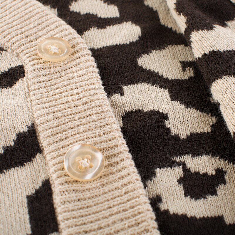 Pull léopard en coton tricoté pour enfants, automne, bébé fille, simple boutonnage, manches longues, col en v, pull pour enfants