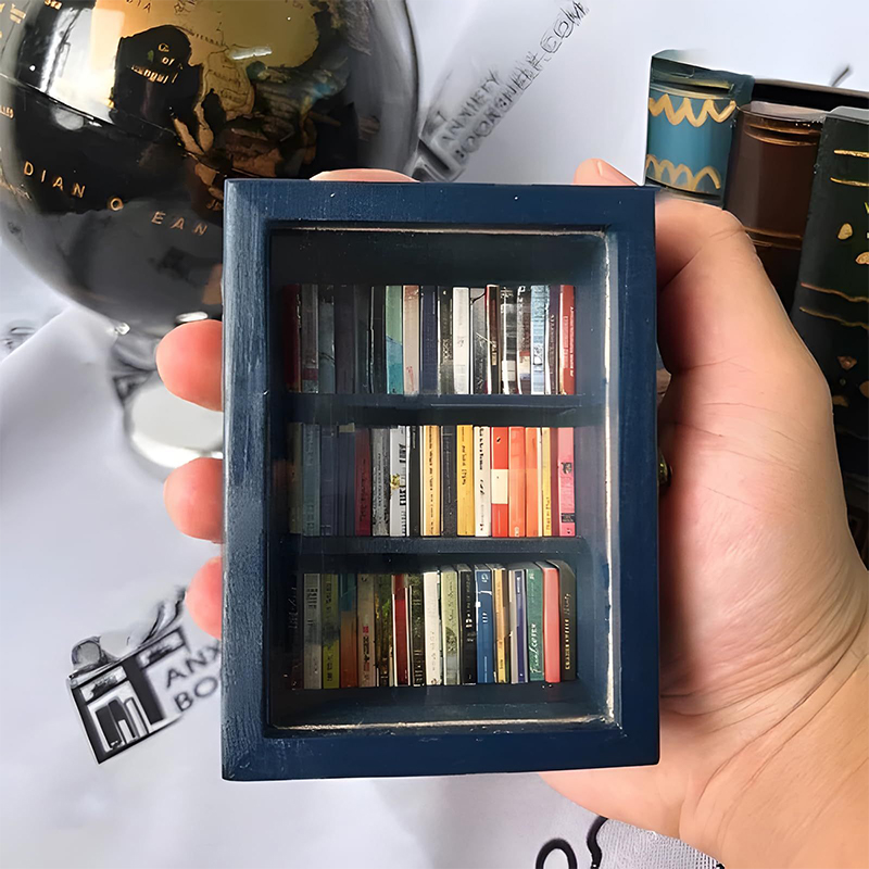 Mini bokhylla prydnad heminredning anti ångest matchbox bokhylla staty hantverk