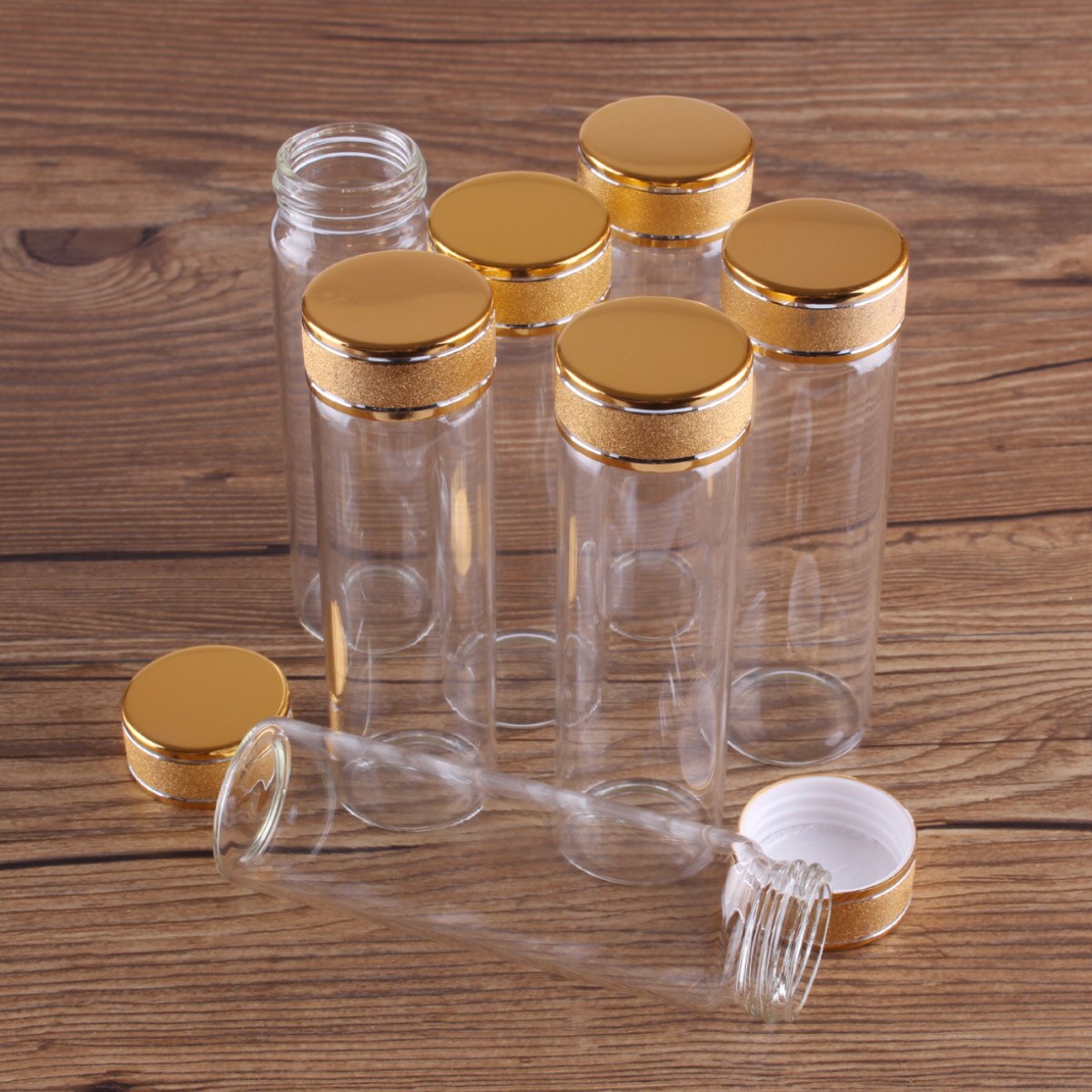 5pcs 50ml Glass Bottles with Golden Frosted Lids Potion Bottles Glass Vials Perfume Bottles Spice Jars Size: 30*100mm