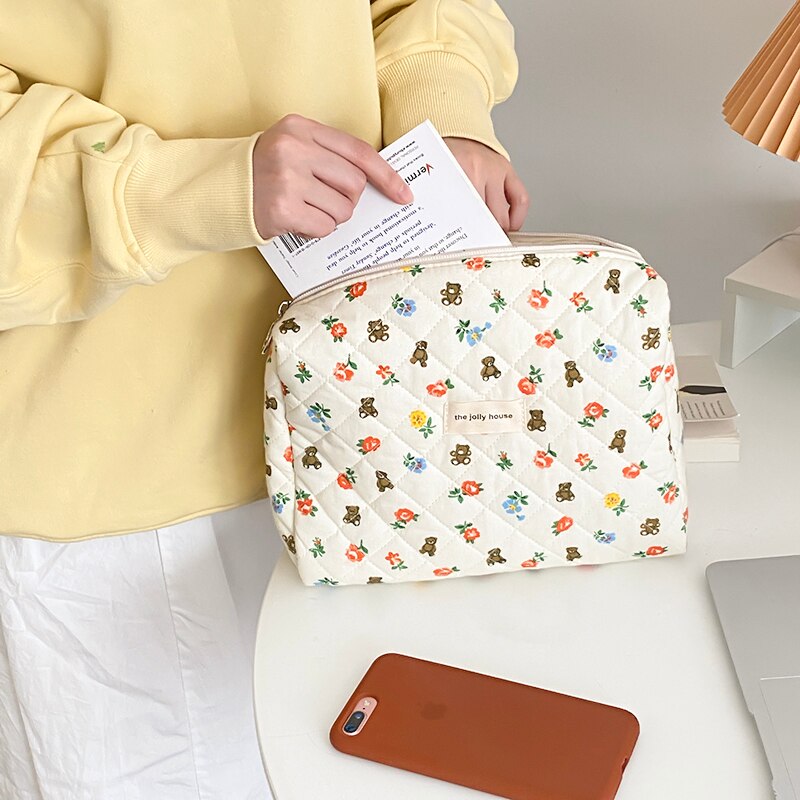 Liberty quilting makeup taske blød bomuld kvinder lynlås kosmetisk organizer sød clutch stor make up pung bærbar toilettaske