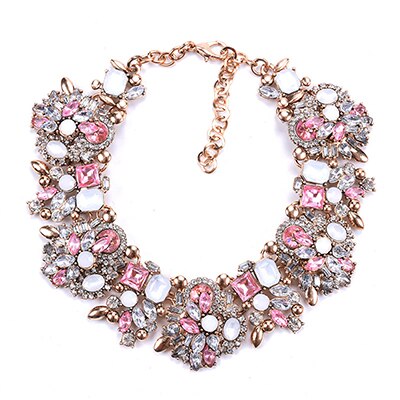 Fatpig Party Charm Rhinestone Flowers Necklace Women Crystal Jewelry Choker Statement Bib Collar Necklace halloween: Pink