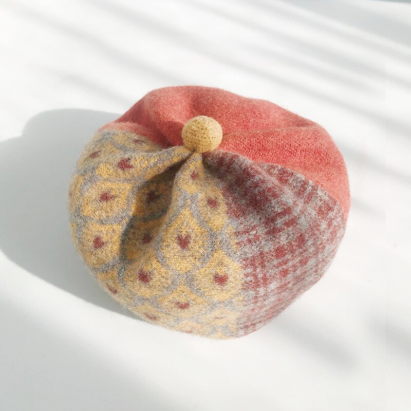 Gorros de invierno para mujer, gorros de lana estilo británico Vintage para chica, sombrero de pintor artístico para mujer, gorro octogonal de lana de otoño e invierno con retazos