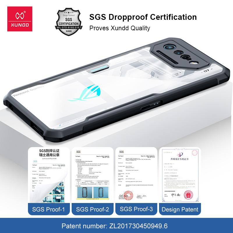 Xundd för asus rog phone 7 6 pro phone 7 ultimate-skal, stötsäkert pc- och tpu-krockkuddar, transparent linsskydd på baksidan