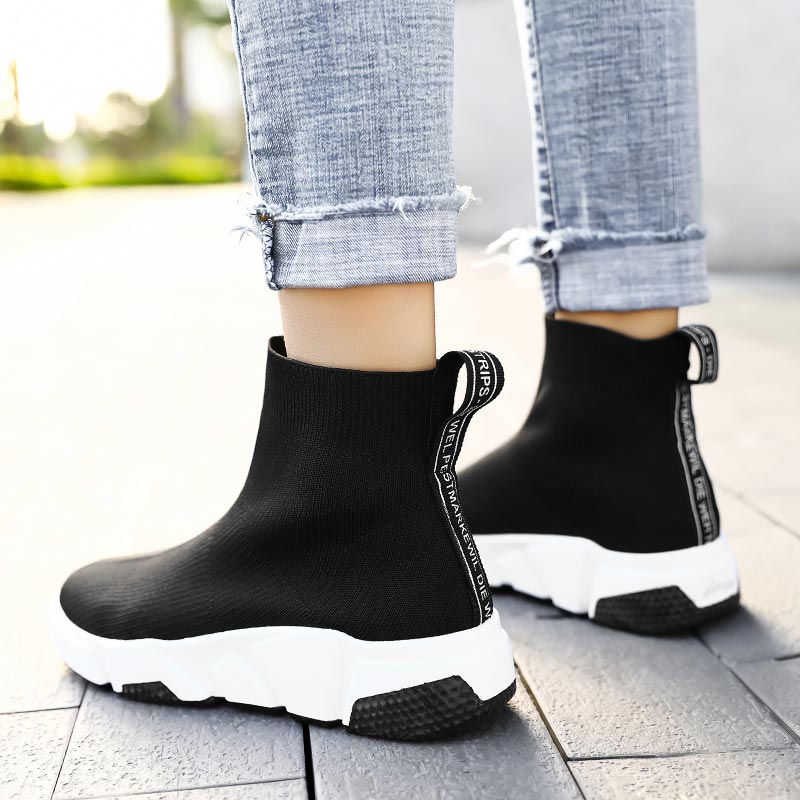 High Top Slip on Women's Running Shoes Women's High Sports Shoes Sport Sneakers High-level Sneakers Socks Female Black Gym E-466