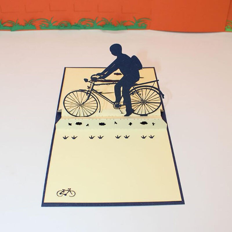 Campus Bicycle Boy Greeting Card 3D Paper Cut Greeting Card Blue Cover Postcard Greeting Card Decoration