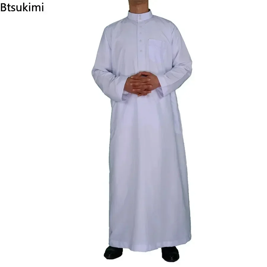 2025 Mannen Moslim Mode Lange Mouw Abaya Saudi Arabische Effen Kleur Losse Kaftan Bescheiden Gewaad Mannen Musulman Kostuums Jubba Thobe