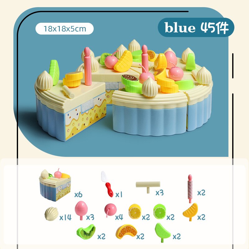 53pcs/lot Children Pretend Role Play House Toy Cutting Fruit Plastic Vegetables Food Kitchen Baby Classic Kids Educational Toys: Cake 45 pieces-blue