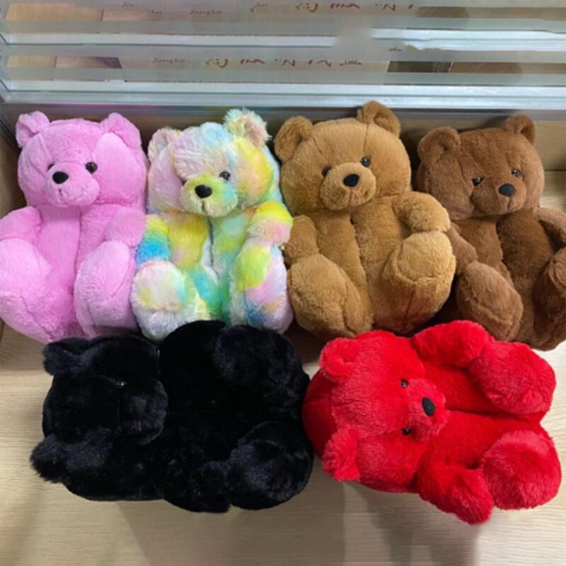 Kvinder sød bjørn plys tøfler tegneserie sød bjørn hus tøfler vinter varm furry faux fur slides kvinde furry flip flop sko