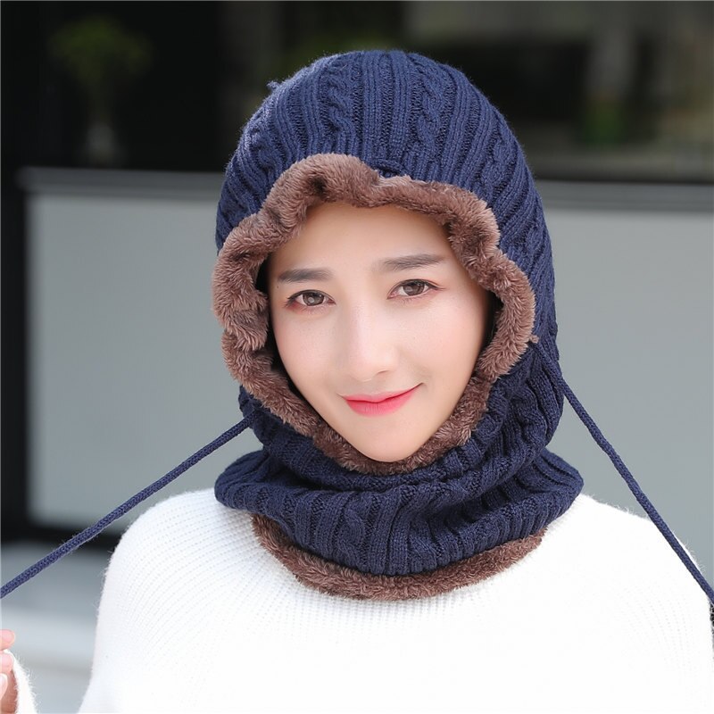 Unisex Winter Knitted Hat Neck Protection Beanie Cap Add Fur Lined Warm Hats For Men Women Balaclava Cap Windproof warm hat: navy blue