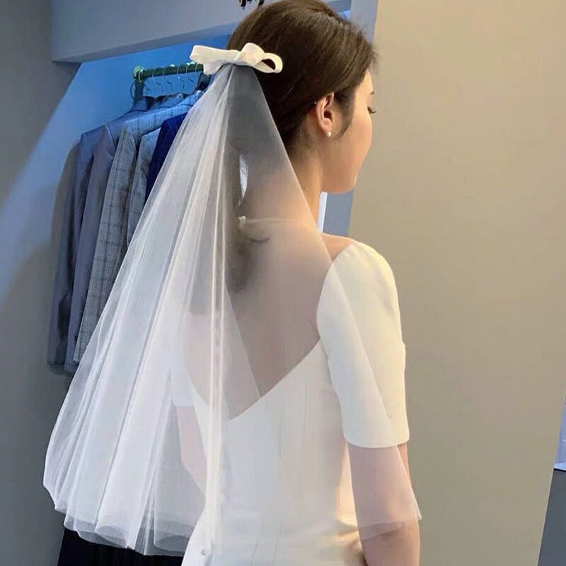 Vrouwen Korte Tule Bruidssluier Bruiloft Sluier Met Clip Boog-knoop Lint Rand Voor Bruid Bloem Meisje Wedding Party fotografie (Wit)