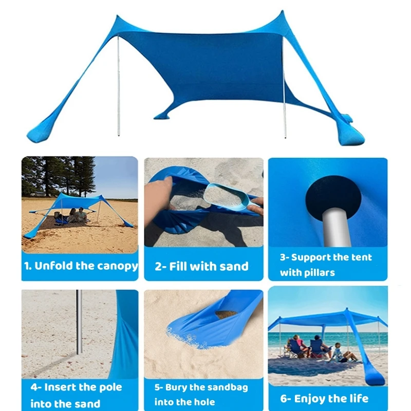 Auvent de plage coupe-vent, tente de plage extérieure, 4 pôles, grand abri solaire, tentes de Camping, parapluie de plage pliant coupe-vent
