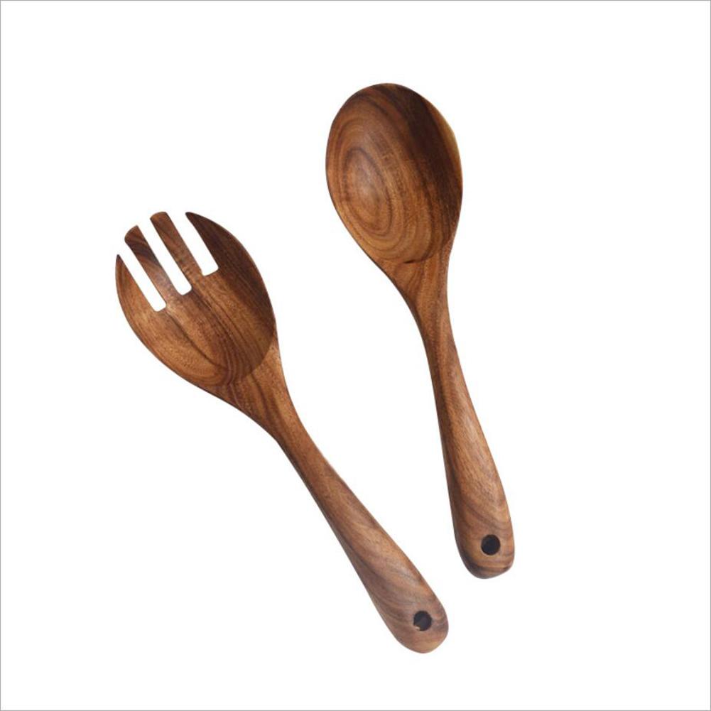 2Pcs/Set Salad Servers Acacia Wooden Utensils Cooking Spoon Salad Fork Tableware Set Eco-friendly Kitchen Tools 20E: Default Title