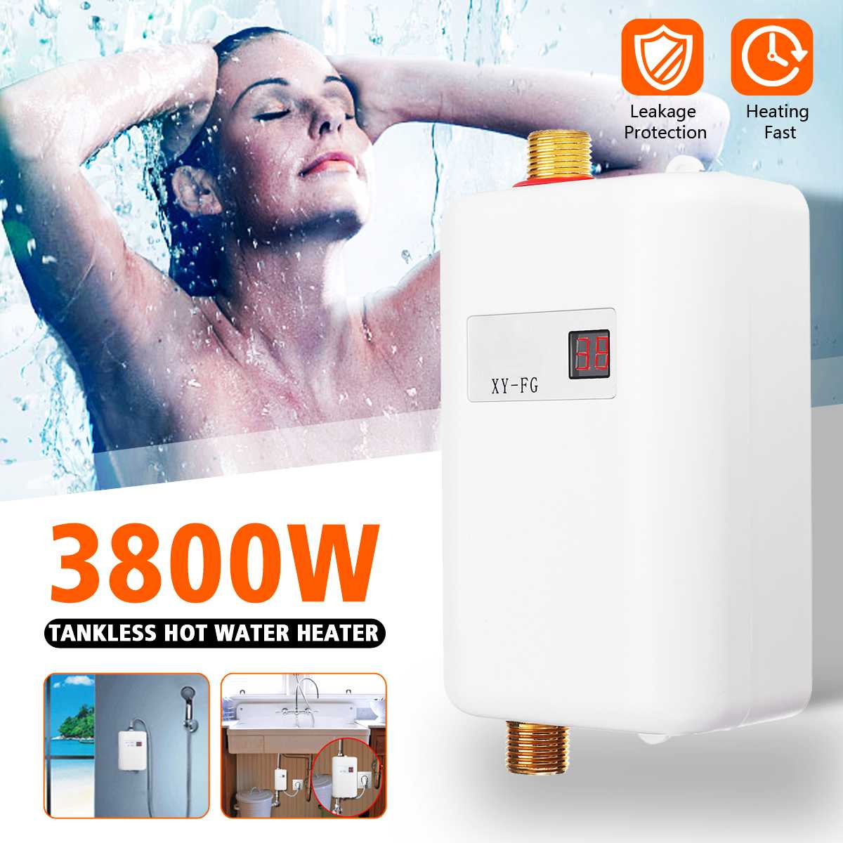 110/220V 3800W Tankless Electric Water Heater Bathroom Kitchen Instant Water Heater Temperature display Heating Shower Universal