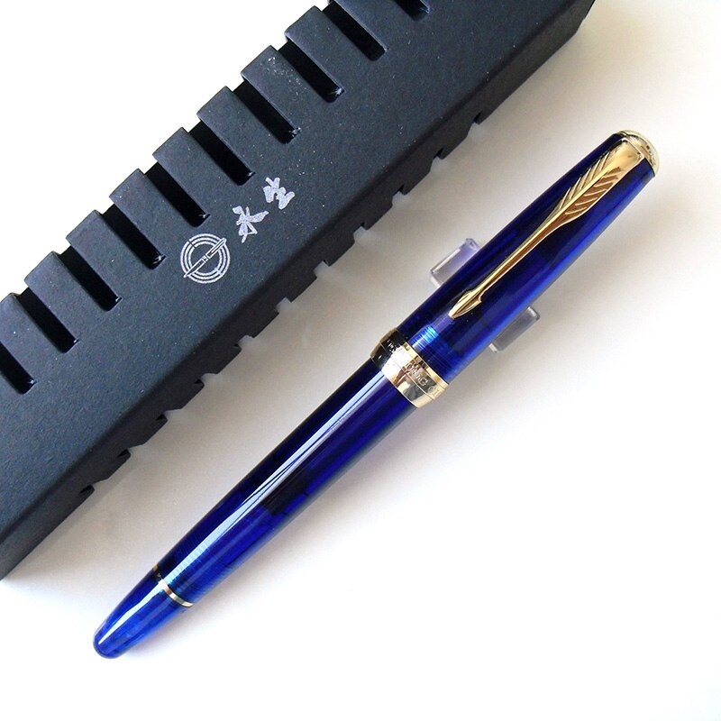 Wing Sung 618 Classic Fountain Pen Piston Transparent Authentic Iridium Fine 0.5mm Outstanding Ink Pen Writing Set: Blue-Golden Clip