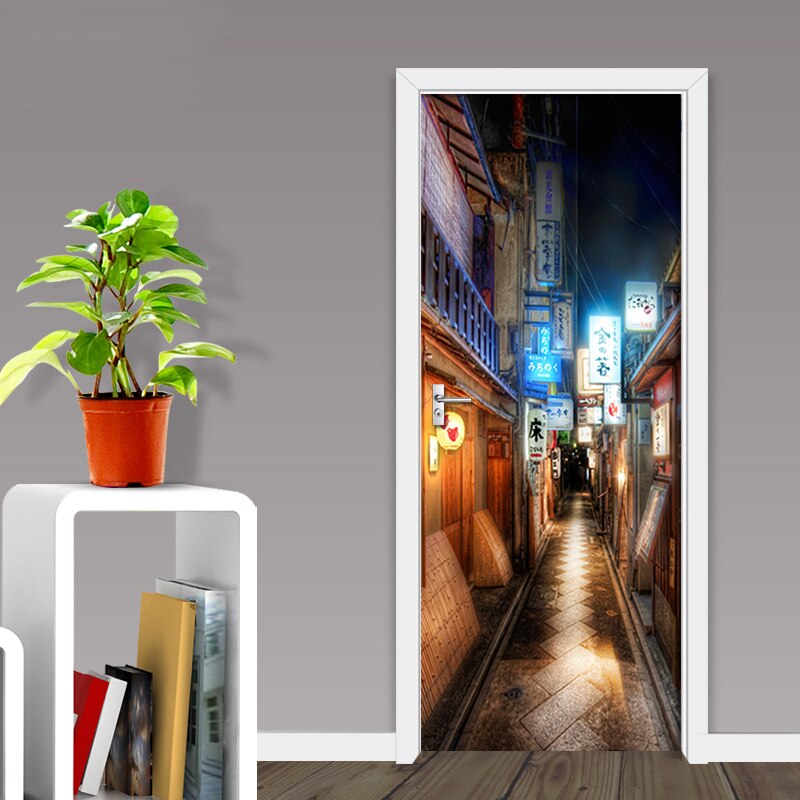 Prosperous World Street Decoration Door Stickers Bedroom Home Decoration Self-Adhesive Two-Piece Signature Night View Waterproof
