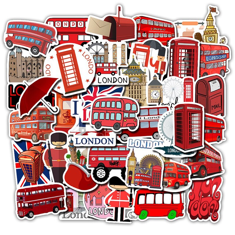50pcs Classic British Style London Bus Stickers Scrapbooking Label Diary Stationery Album Sticker Red Laptop Notebook Sticker