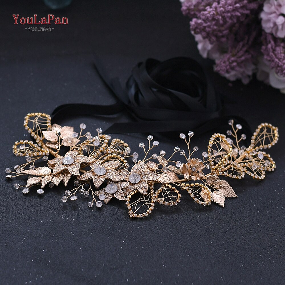 YouLaPan, cinturón Floral con diamantes de imitación, cinturón dorado para mujer, cinturón brillante, cinturones de boda para señora, cinturón nupcial con flores doradas SH282: Black ribbon