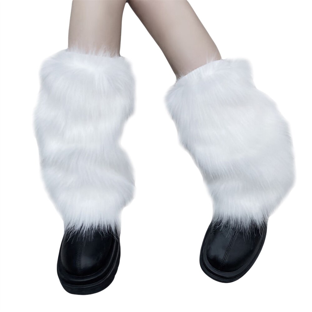 Jambières en peluche épaisse pour femmes, couvre-jambes en fausse fourrure, couleur unie, Tube central, automne hiver: WHITE / 25CM