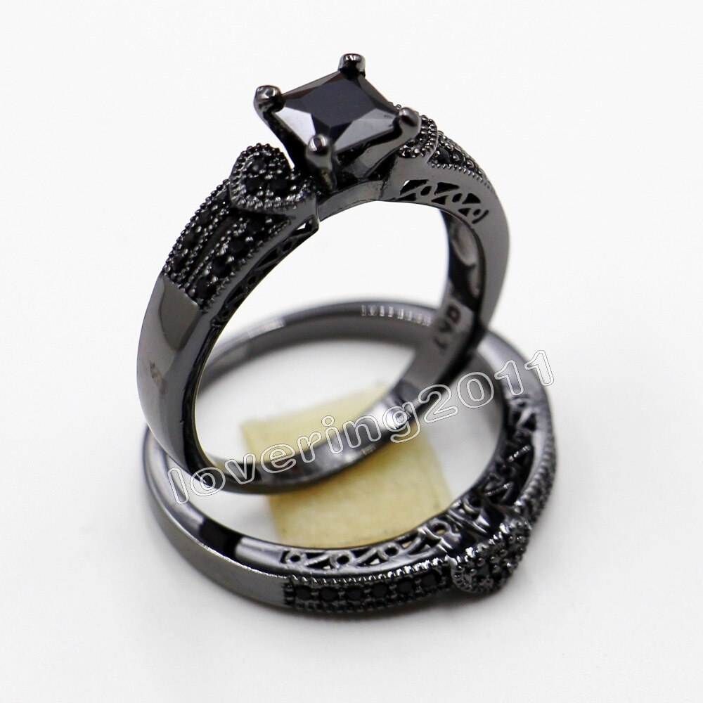 Victoria Wieck princesse coupe noir AAA CZ simulé pierres 10KT or noir rempli mariée fiançailles ensemble d'anneaux de mariage Sz 5-11