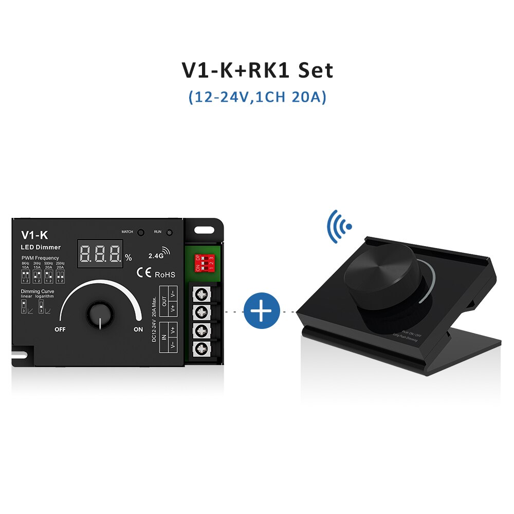 Led Dimmer 12V 24V 5V 36V Desk Mount Rotary Panel 2.4G Rf Pwm Afstandsbediening knop Dimeer Schakelaar Voor Enkele Kleur Licht Strips: V1-K and RK1 Set