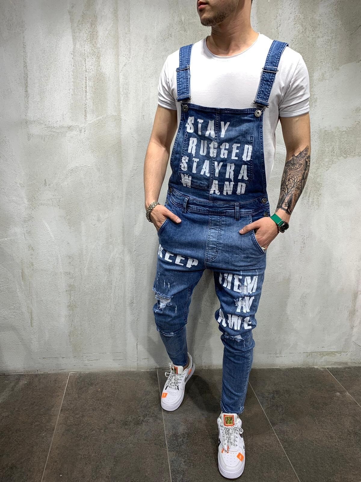 Hiphop heren gescheurde jeans denim tuinbroek met bretels voor heren s-xxxl