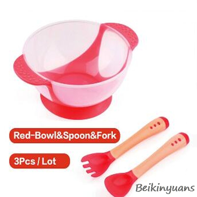 Baby Kom Antislip Servies Set Zuigelingen Voeden Kom Met Sucker En Temperatuur Sensing Lepel Voor Kinderen Servies: red