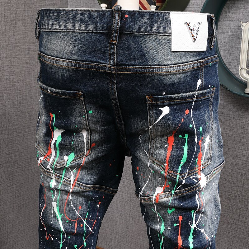 Streetwear mænd jeans slim fit paint jeans mænd elastiske hip hop bukser spliced biker jeans homme