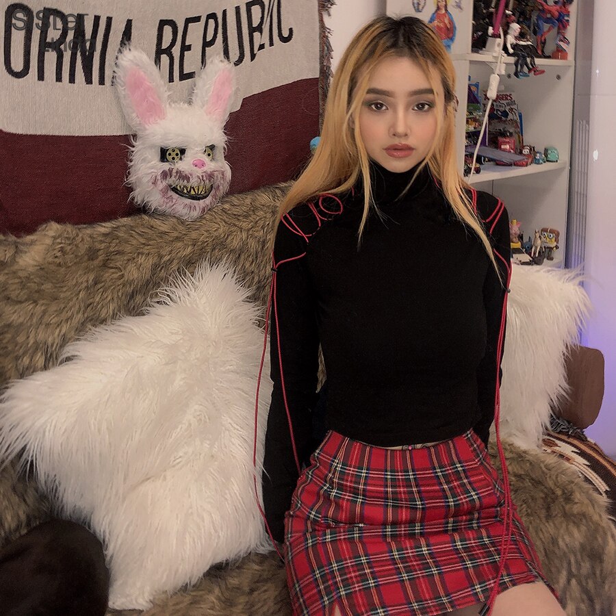 Sisterlinda enkel rød kort bodycon rutete skjørt dame sommer høy midje miniskjørt streetwear kort fritidsskjørt