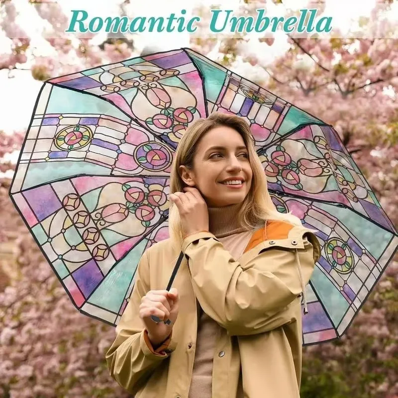Paraguas transparentes pintados a mano con estampado de vitral, mango largo, sombrilla romántica Unisex para protección solar y lluvia