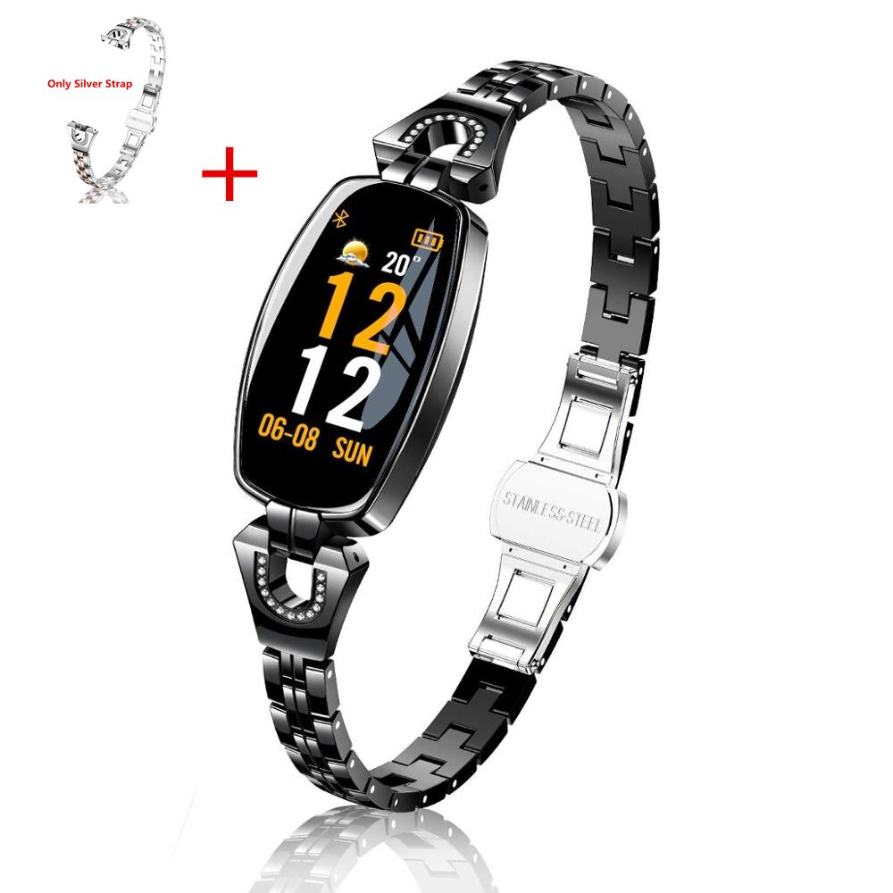 TMYIOYC H8 Smart Band Women Fitness Tracker 24-hour Blood Pressure Heart Rate Monitor Step Smart Bracelet Wristband for Girl: BK add silver strap