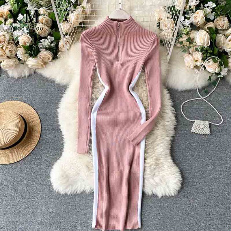 YuooMuoo Autumn Winter Women Sweater Dress Zipper Collar Long Sleeve Casual Knitted Bodycon Dress Slim Stretchy Ladies Dresses: Pink