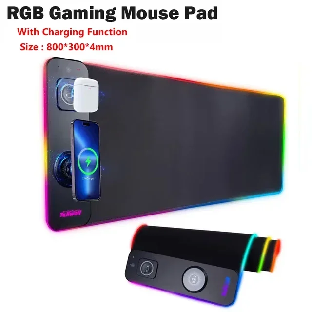Tapis de souris lumineux rvb, charge magnétique sans fil, chargeur de téléphone, tapis de souris de jeu, ordinateur de bureau, ordinateur portable, tapis de souris: WHITE
