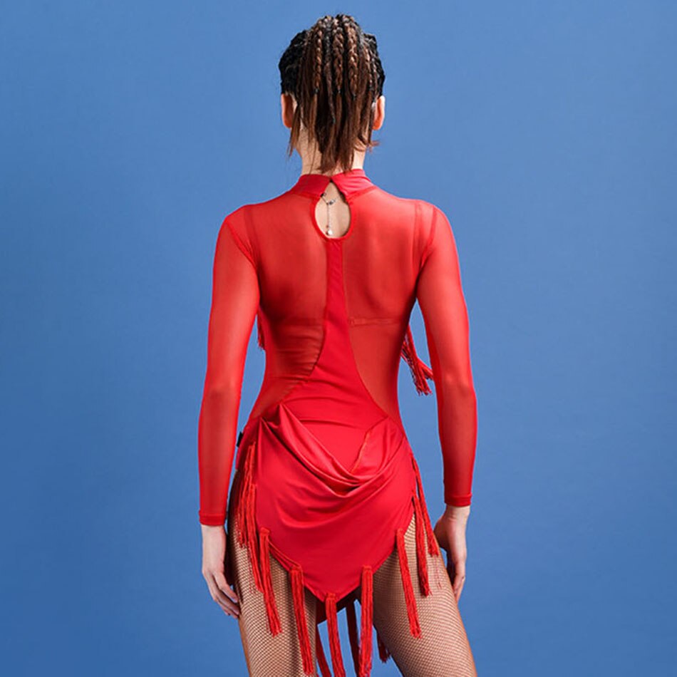 Fringe Latin Dance Dress Women Red Long Sleeve Tassel Dress for Ballroom Samba Tango Chacha Dancing Performamnce SS012