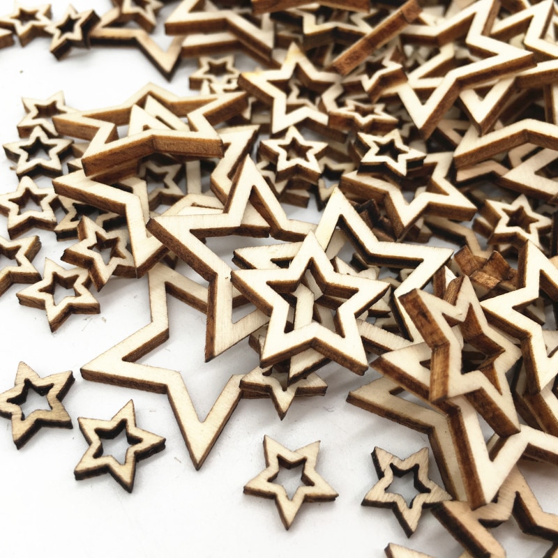 100pcs Houten Ster Gemengde Uitsparing Schijven voor Arts Scrapbooking Ornament Ambachten DIY Handwerk Decoratie Bruiloft Decor