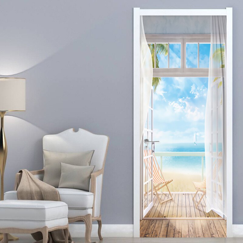 PVC Self-Adhesive Waterproof Door Sticker Modern Seascape Outside Mural Wallpaper Living Room Bedroom Door Poster 3D Home Decor
