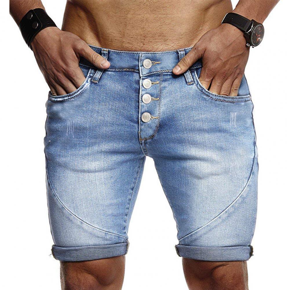 Denim shorts hombre elástico corto pantalones vaqueros rasgados de la piel-amistosa poliéster verano Pantalones cortos de hombre para el desgaste diario negro M-XL