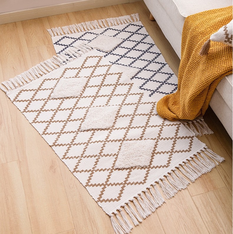 Alfombra con borlas de color azul marino marroquí, alfombra geométrica de algodón para puerta, Charpet, alfombra, alfombrillas para cocina, dormitorio, bar, 60x90cm