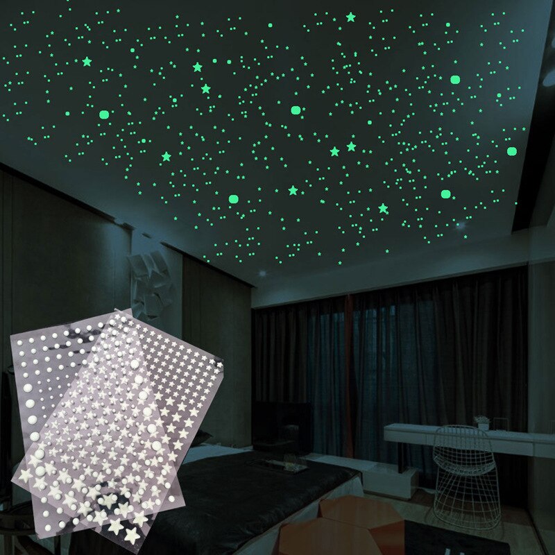 202 stuks / set 3d lichtgevende sterren stippen muursticker kinderkamer kamer interieur sticker glow in the dark diy stickers