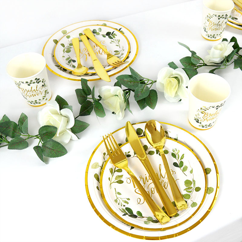 Bruids Douche Dispodable Servies Goud Groene Bladeren Papieren Borden Cups Bruiloft Vrijgezellenfeest Thuis Tafel Decoratie Benodigdheden