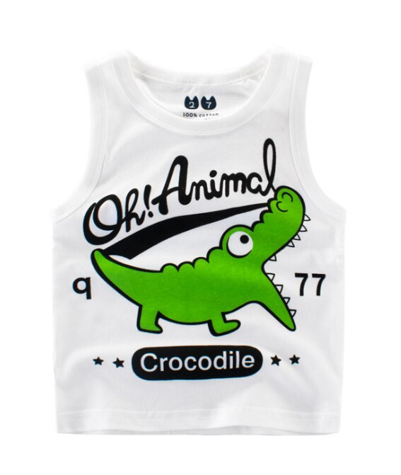 Breathable Summer Little Boys Vest Cartoon Crocodile Letter Printing Sleeveless Round Collar Top Children Casual Clothe