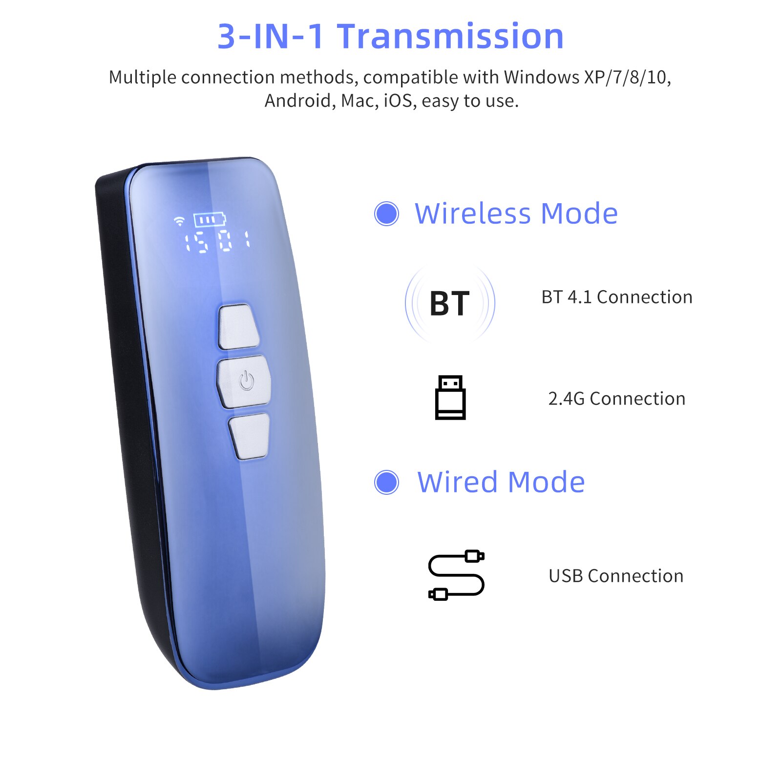 Aibecy Mini 1D Barcode Scanner 3-in-1 BT/2.4G Wireless/USB Wired Bar Code Reader with Screen Compatible Windows Mac Android iOS