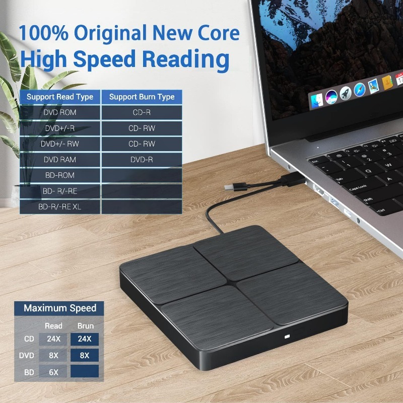 External Blu Ray Drive Portable 3D Optical Bluray Drives CD DVD ROM Read&Write Burner Compatible for Windows XP/7/8/10/11 MacOS