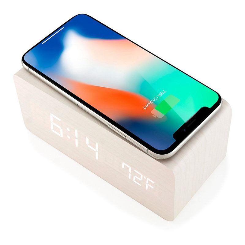 Houten wekker met draadloos qi-oplaadstation, compatibel met iphone samsung, houten led-digitale klok, geluidsregelingsfunctie: Wit