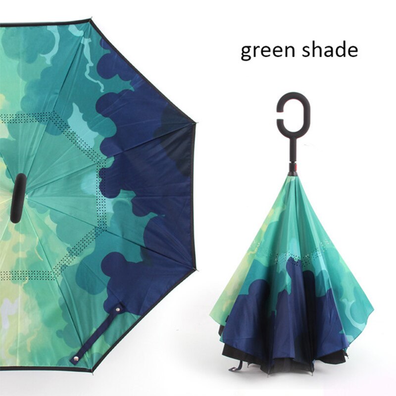 Paraguas plegable inverso resistente al viento, paraguas para hombre y mujer para lluvia y sol, paraguas con mango en C invertido, soporte autónomo para Anti UV de doble capa: green shade