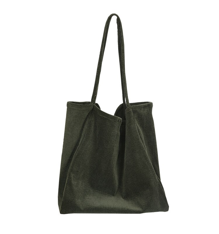Kvinder corduroy skuldertaske stor kapacitet kvindelig stor tote håndtaske folde genanvendelige indkøbsposer tynde rem klud poser: Grøn