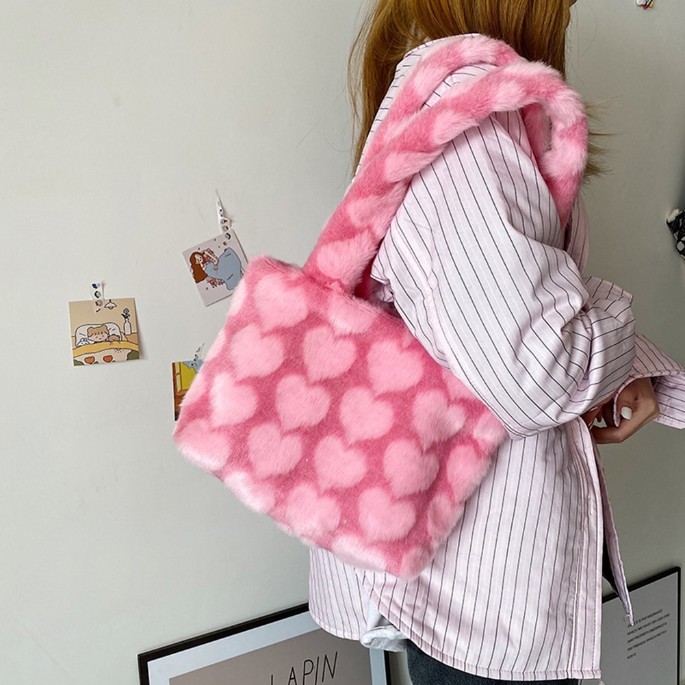 Fluffig plysch axel crossbody väska kvinnlig street väska stor kapacitet totes leopard zebra utsökt shoppingväska rosa