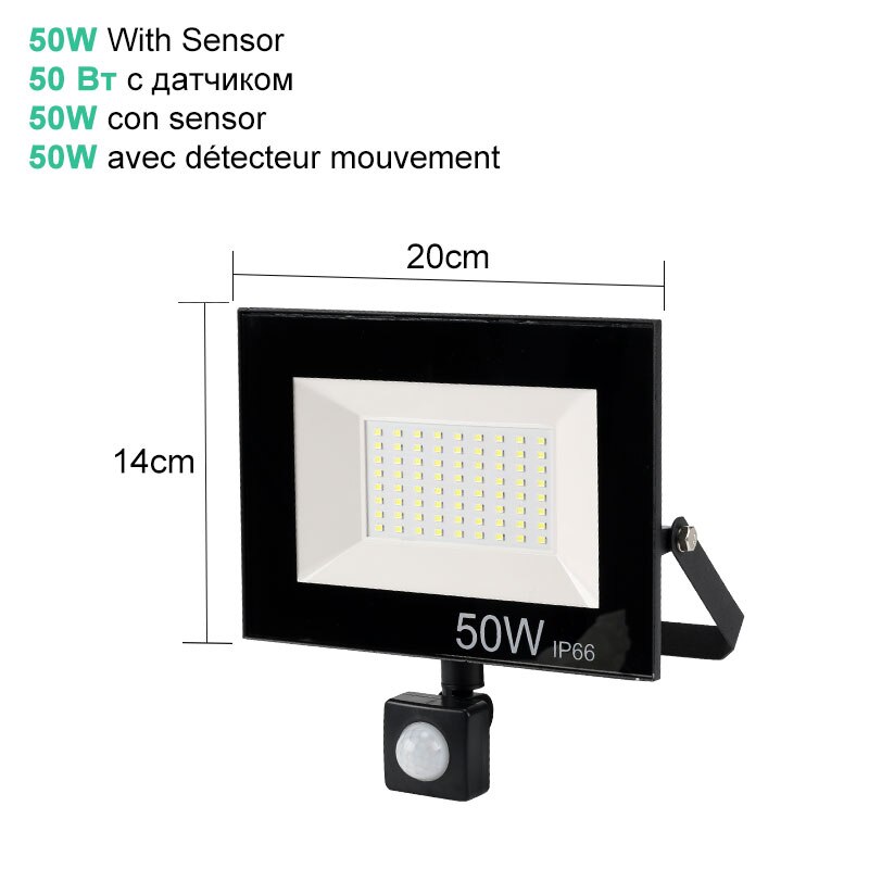 10w 20w 30w 50w 100w led projektør 220v 240v vandtæt pir bevægelsessensor projektør udendørs væglampe projektør projektør: Sensor 50w / Kølig hvid (5500-7000k)