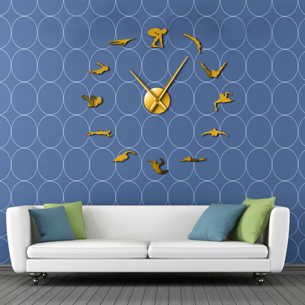 Reloj de pared grande con tema de natación, moderno, bricolaje, con espejo de natación, pegatina, números, arte decorativo para pared de piscina, para nadador