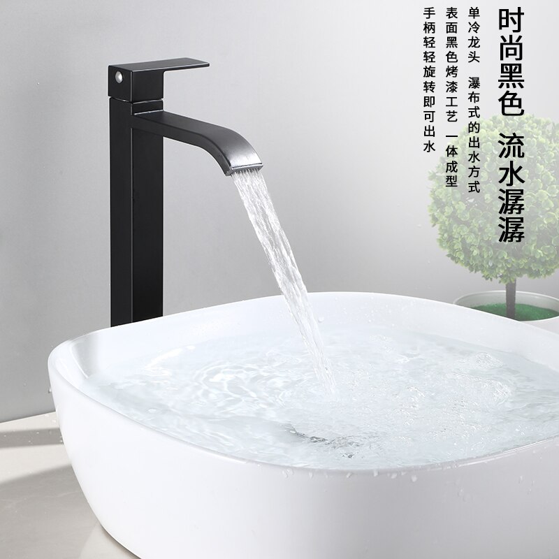 Bathroom Basin Faucet Stainless Steel Waterfall Tall Sink Vessel Tap Matt Black Single Handle Deck Mount Lavotory Faucets